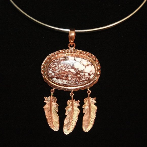 Hand Crafted Jewelry - Horse Jasper Pendant with Copper Feathers NWOT